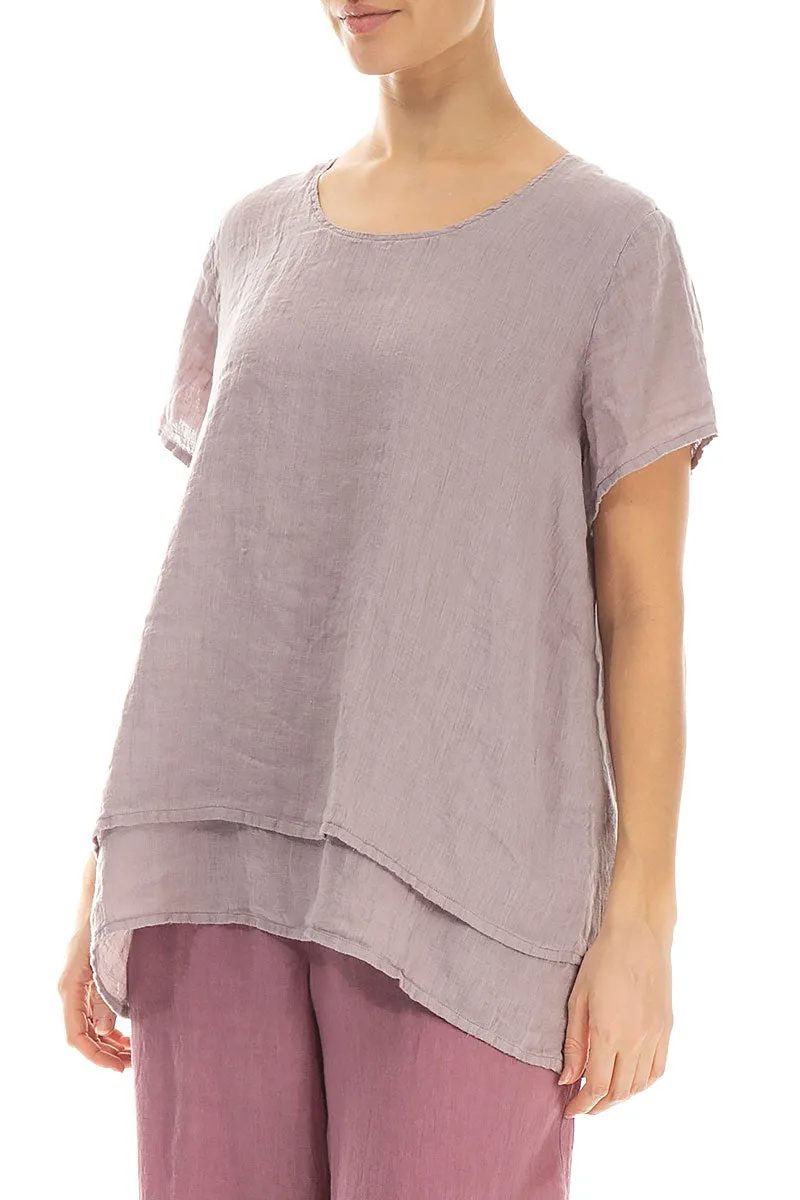 Layered Short Sleeves Greige Gauze Linen Blouse