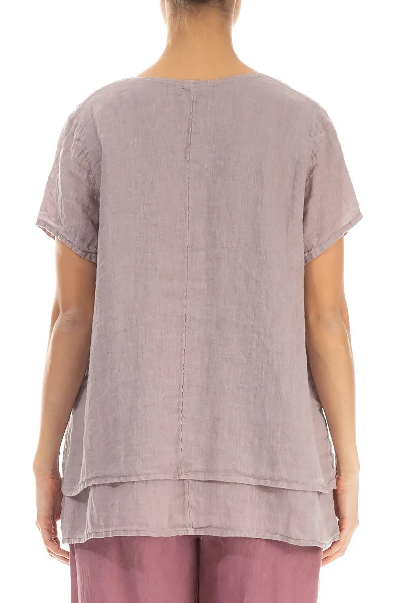 Layered Short Sleeves Greige Gauze Linen Blouse