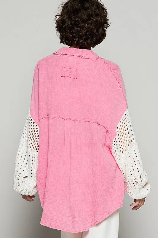POL Crochet Patchwork Oversized Button-Up Blouse Long Sleeve High-low Gauze Shirt