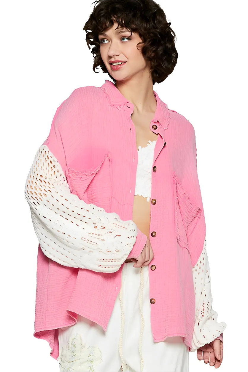 POL Crochet Patchwork Oversized Button-Up Blouse Long Sleeve High-low Gauze Shirt
