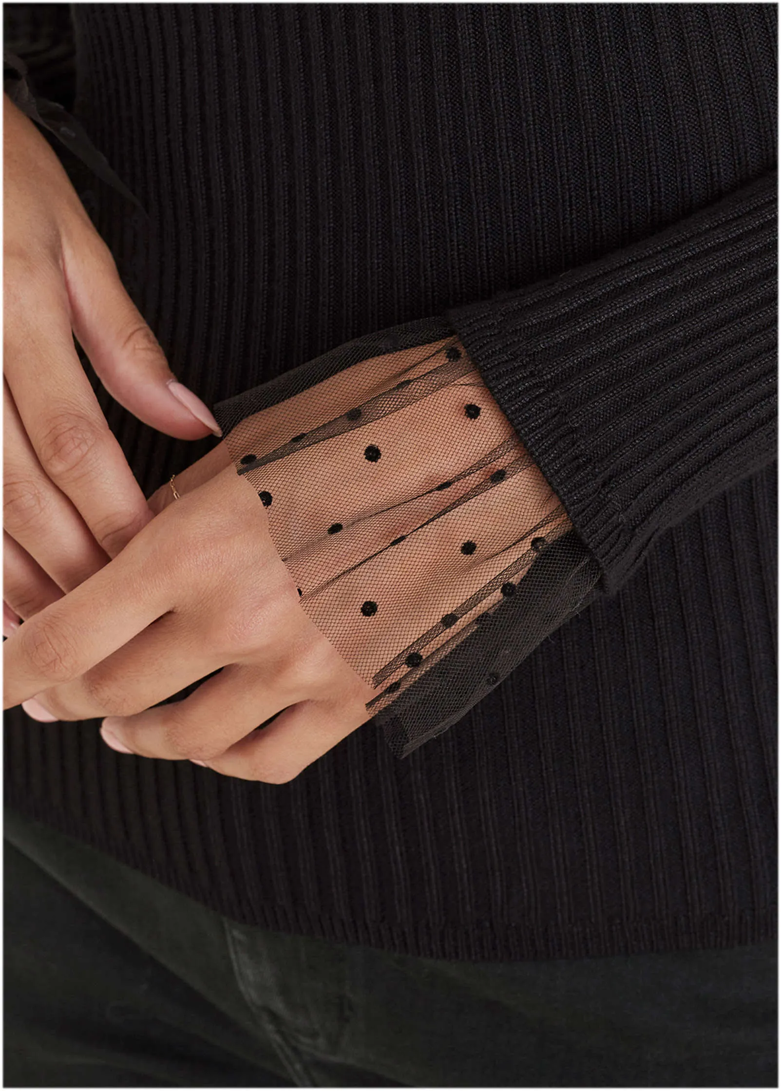 Ribbed Organza Sweater  - Black
