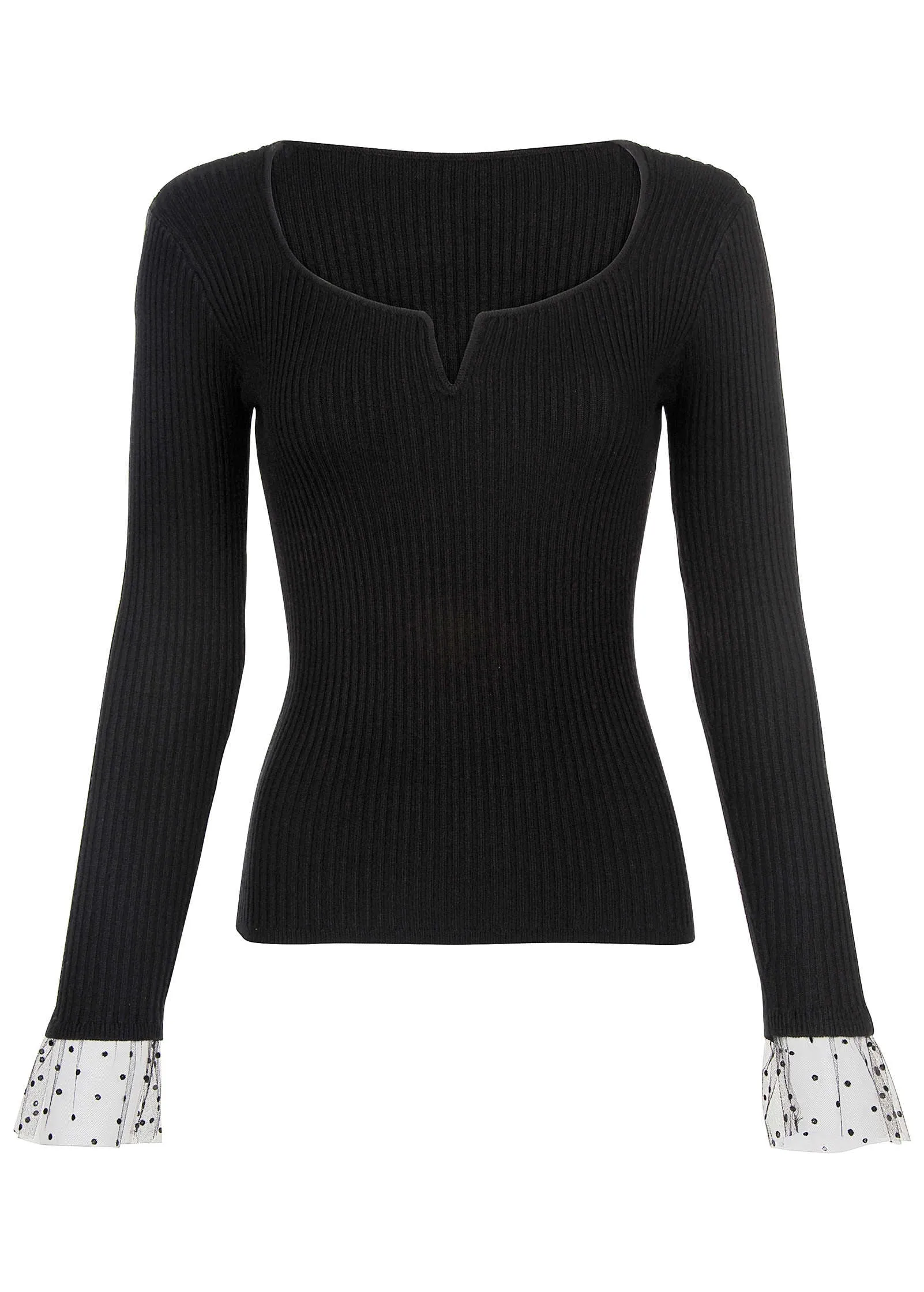 Ribbed Organza Sweater  - Black