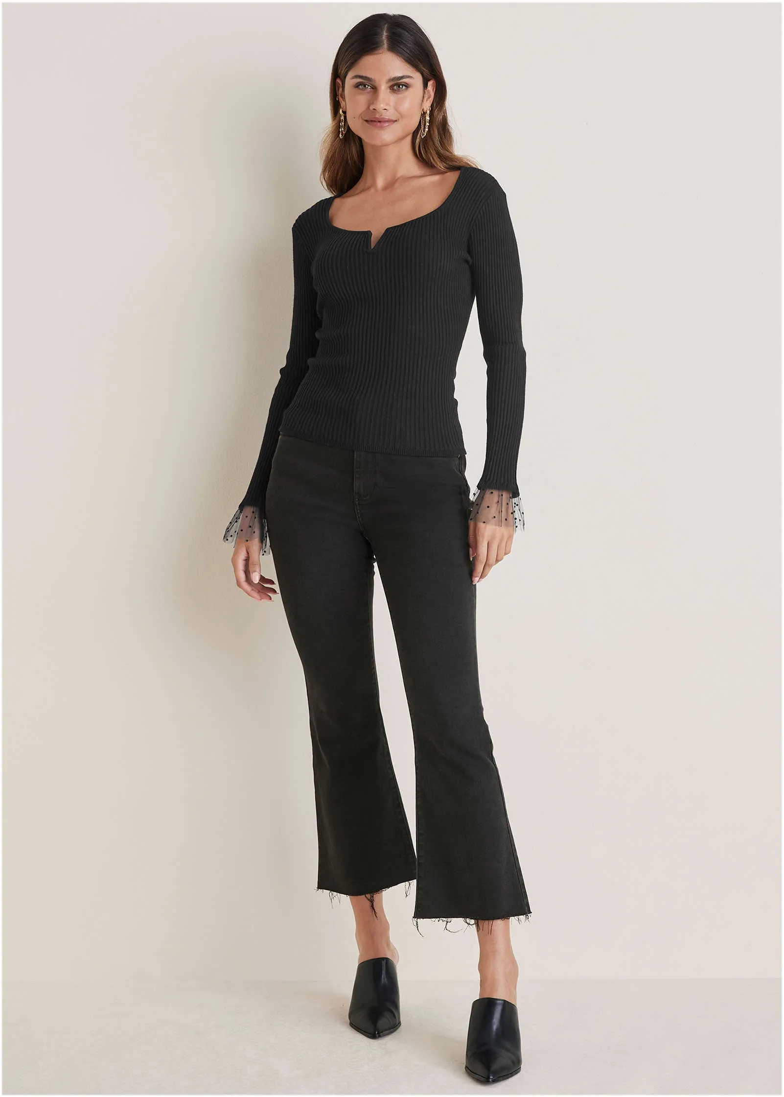 Ribbed Organza Sweater  - Black
