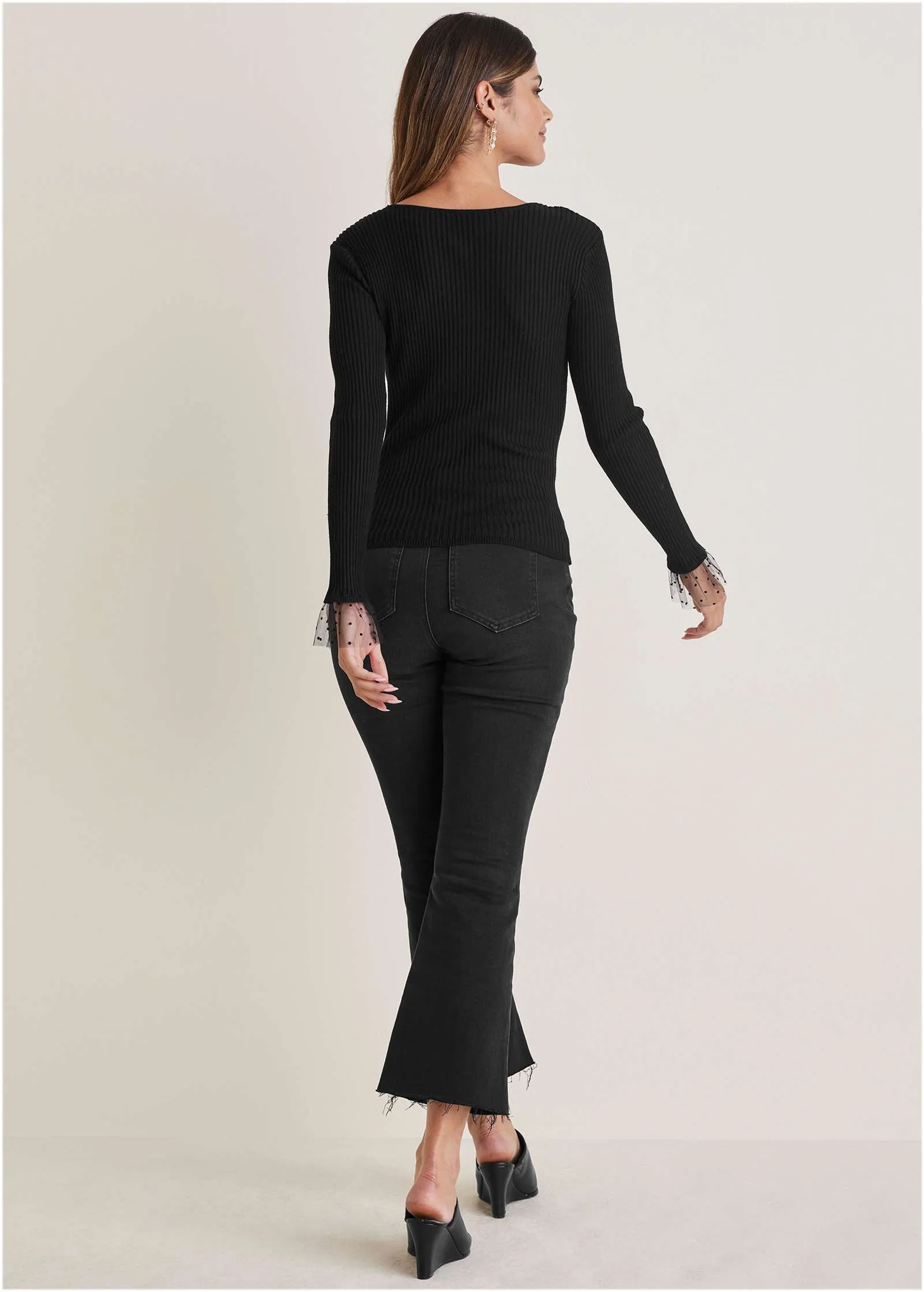 Ribbed Organza Sweater  - Black