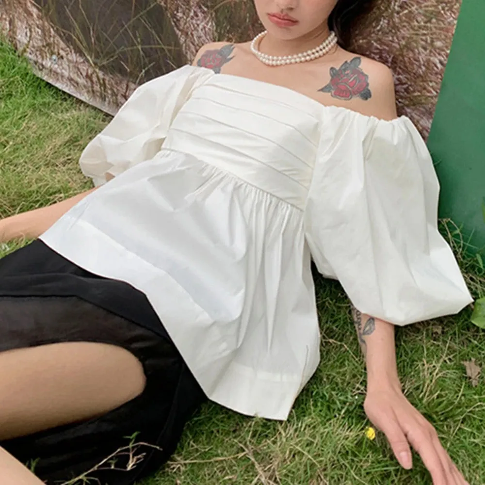 Slim Elegant Shirt For Women Slash Neck Puff Sleeve Solid Minimalist Blouses Female Summer Clothing Style