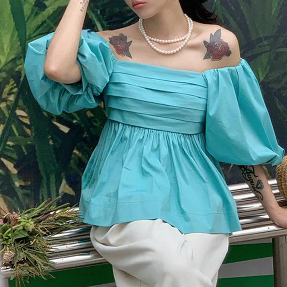 Slim Elegant Shirt For Women Slash Neck Puff Sleeve Solid Minimalist Blouses Female Summer Clothing Style