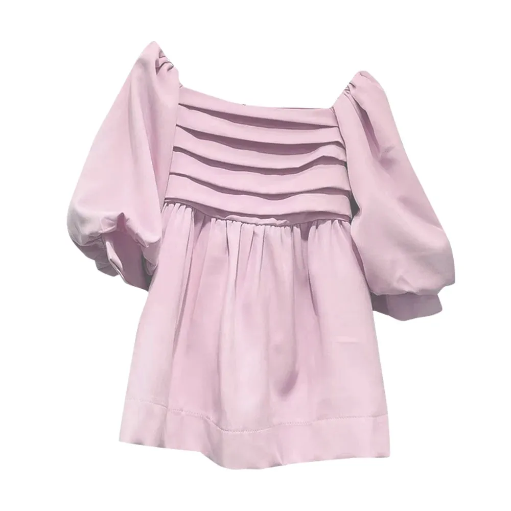 Slim Elegant Shirt For Women Slash Neck Puff Sleeve Solid Minimalist Blouses Female Summer Clothing Style