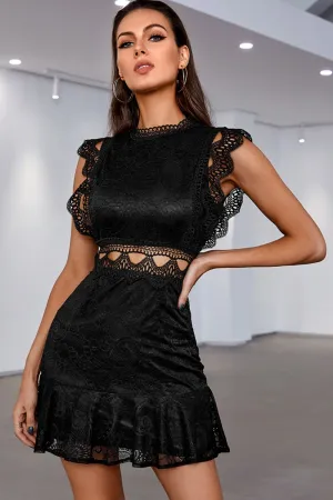 Spliced Lace Cutout Ruffle Hem Dress