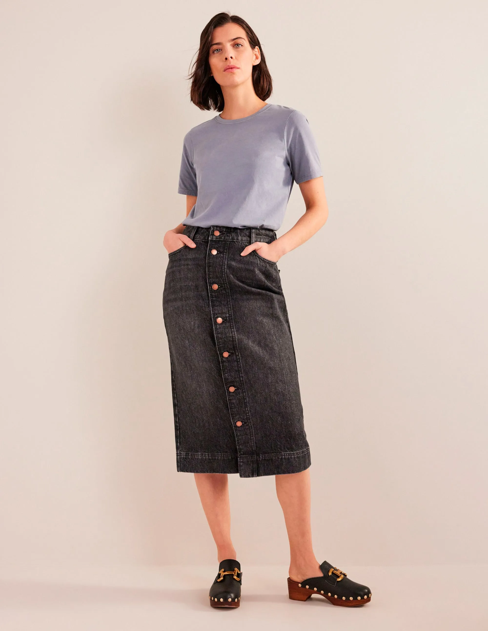 Straight Denim Midi Skirt-Black