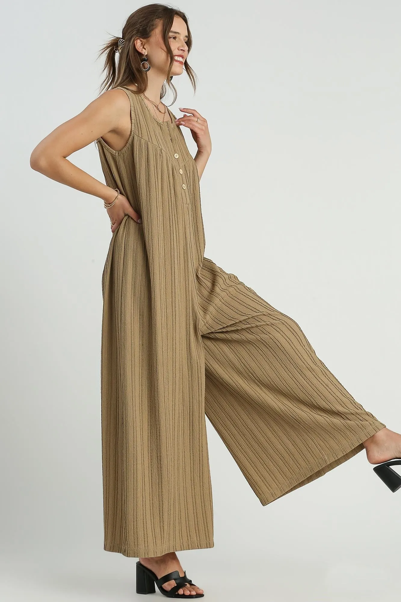 Umgee Textured Wide Leg Jumpsuit in Latte