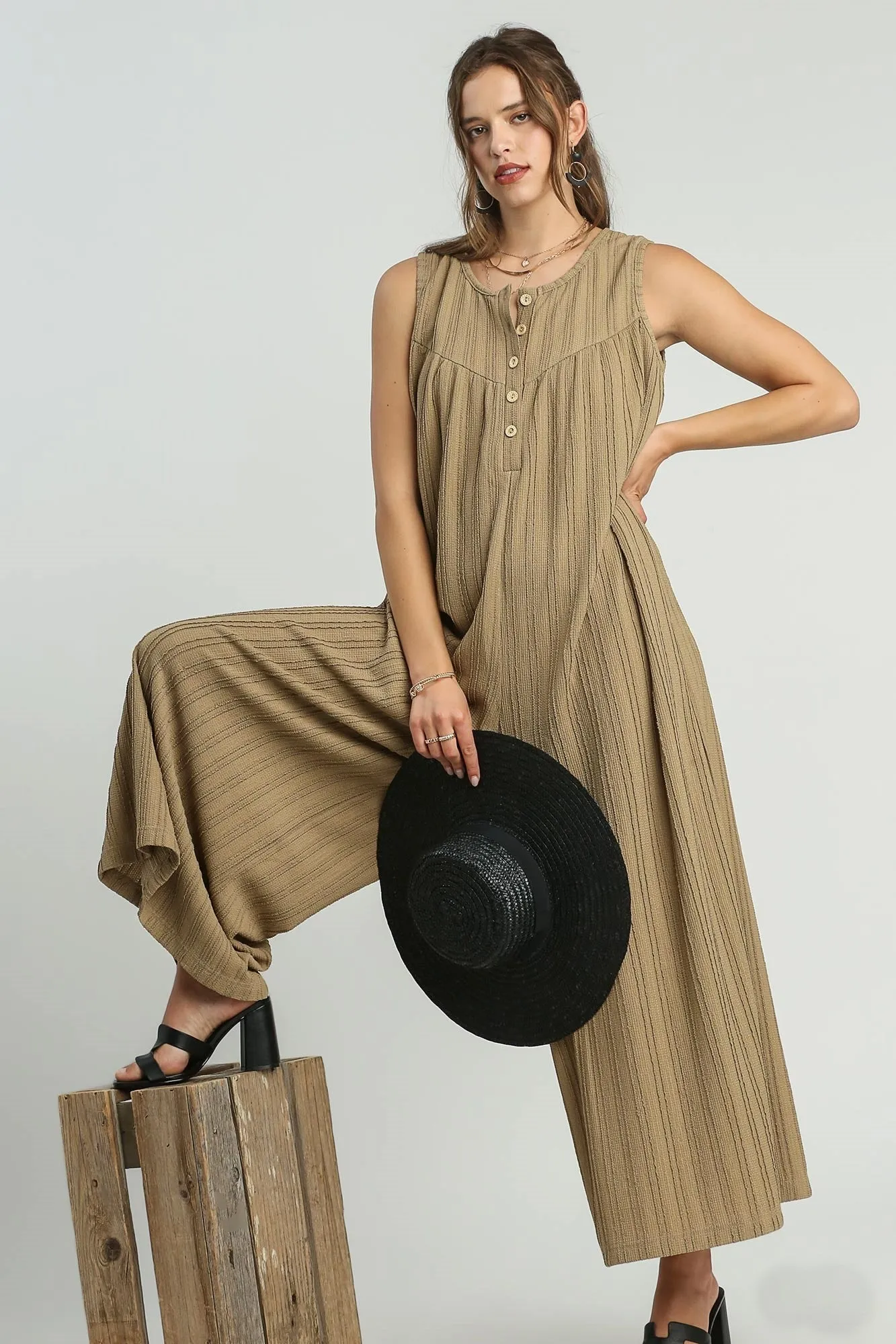 Umgee Textured Wide Leg Jumpsuit in Latte