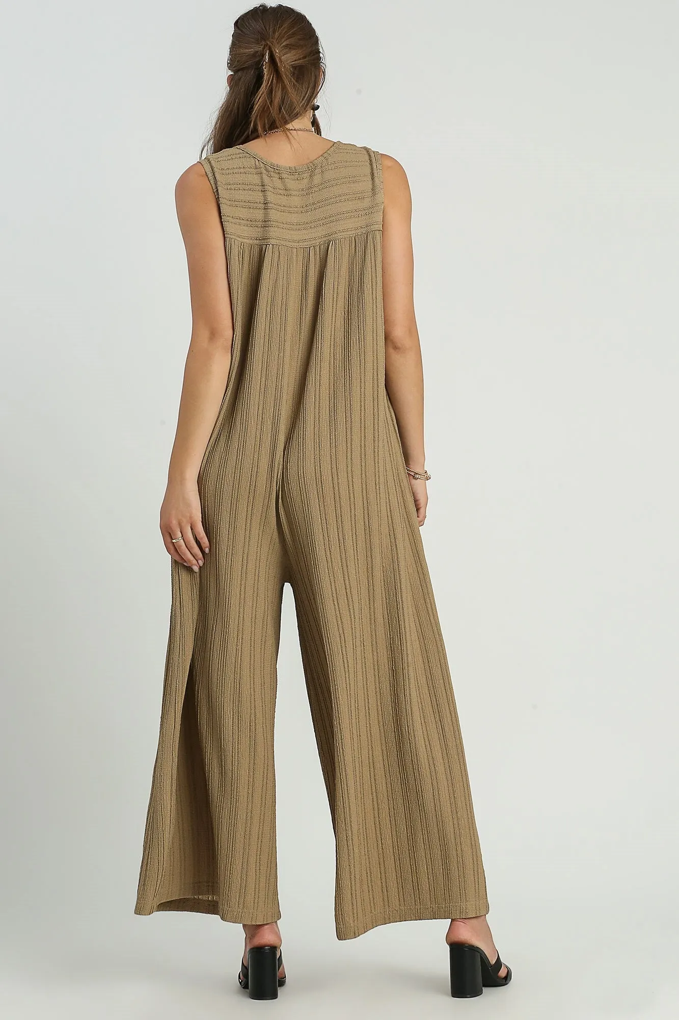 Umgee Textured Wide Leg Jumpsuit in Latte