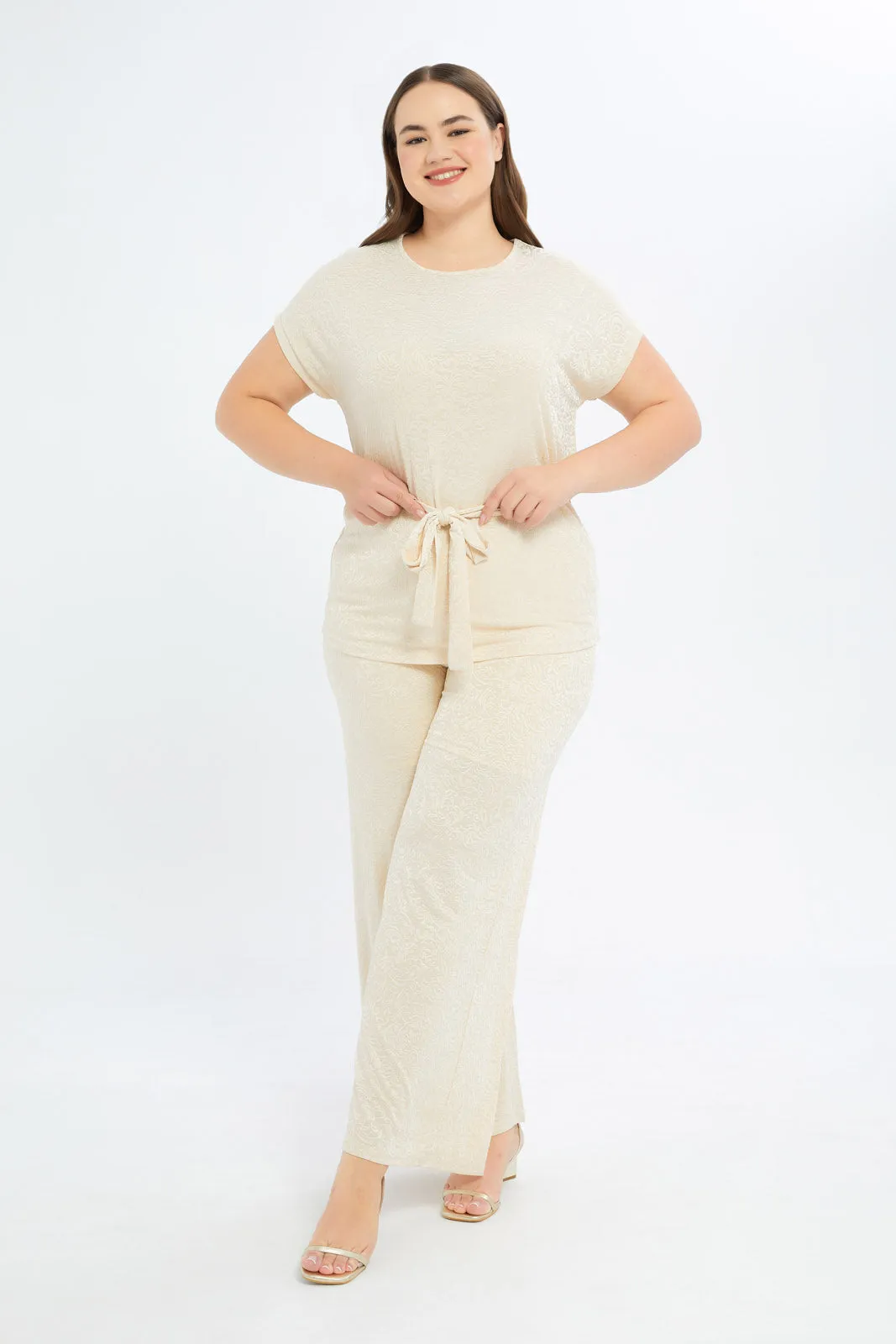 Women Beige Belted Jacquard Top