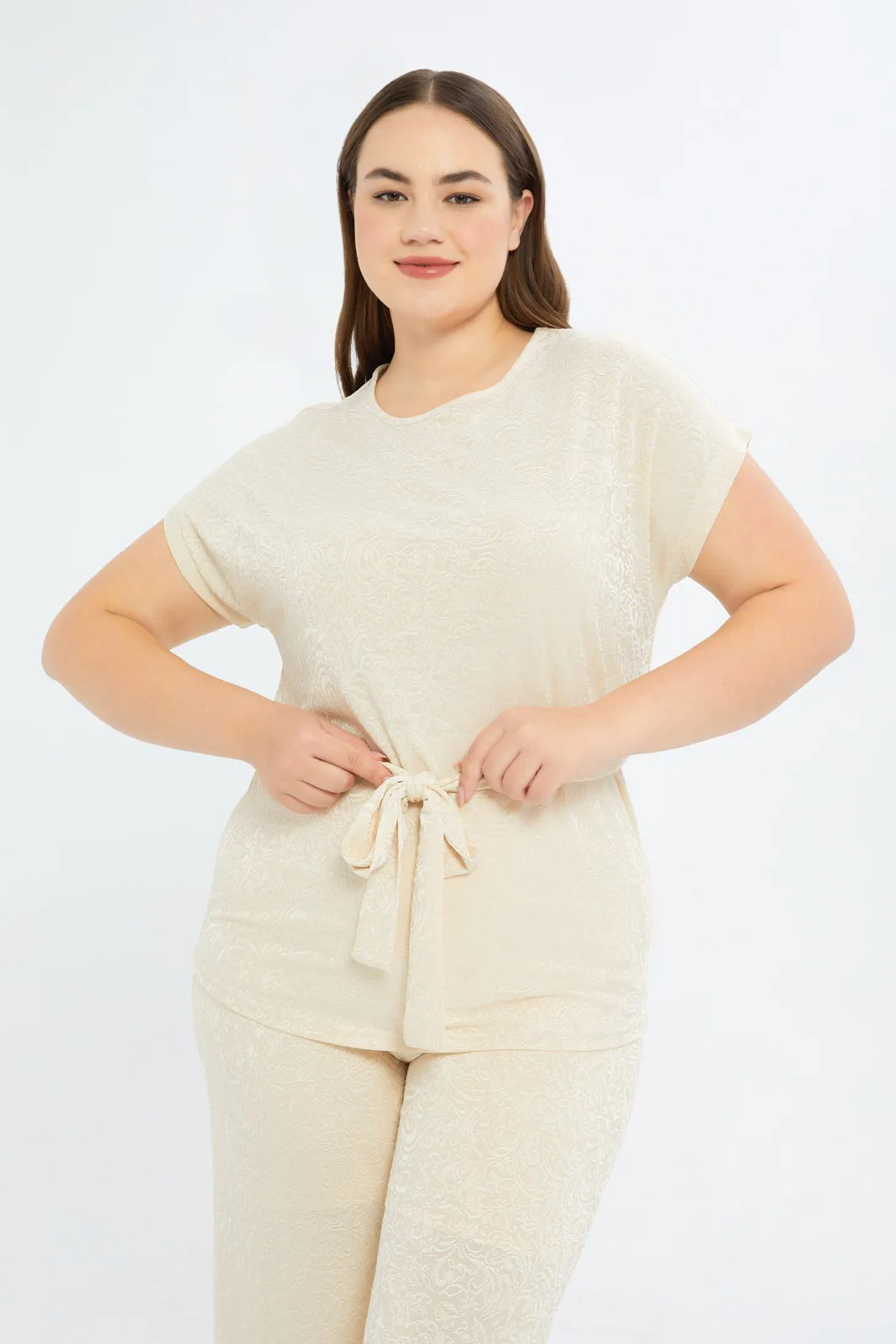 Women Beige Belted Jacquard Top