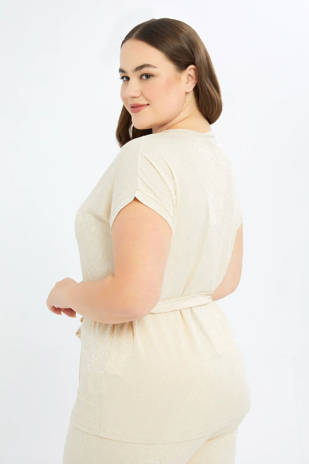 Women Beige Belted Jacquard Top